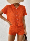 Women's Turndown Collar Top Mini Bodycon Shorts Beach Cover-Up Two-Piece Set