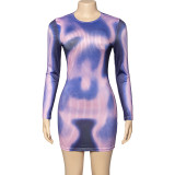 Spring Round Neck Long Sleeve Fashion Print Slim Short Dress