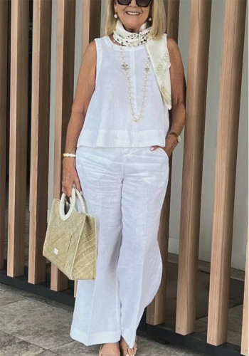 Summer Women's Linen Solid Color Sleeveless Top Wide-Leg Trousers Two-Piece Set