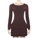 Spring Solid Color Round Neck Long Sleeve  High Waist Slim Ruffle Women's Dress