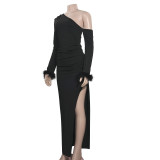 Spring Solid Color Slash Shoulder Feather Patchwork Sexy Slit Slim Dress