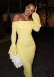 Spring Solid Color Off Shoulder Long Sleeve Sexy Slim Long Dress