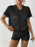 Women's Turndown Collar Top Mini Bodycon Shorts Beach Cover-Up Two-Piece Set