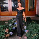 Women's Clothing Off Shoulder Short Sleeve Slim Waist Chic Jumpsuit Evening Party Wear