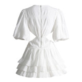 Women's Spring Trend Sexy Deep V Neck Open Waist Puff Sleeve Short Dress