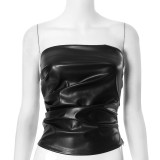 Spring Solid Color Sexy Leather Strapless Slim Women's Top