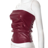 Spring Solid Color Sexy Leather Strapless Slim Women's Top