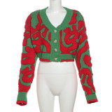 Autumn Fashion Color Matching V-Neck Buttoned High Waist Slim Women Knitting Top