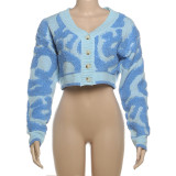 Autumn Fashion Color Matching V-Neck Buttoned High Waist Slim Women Knitting Top