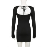 Women Solid Square Neck Long Sleeve Side Slit Hollow Backless Lace Mini Bodycon Dress