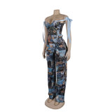 Printed Lace-Up Drawstring Multi-Pocket Two Piece Pants Set