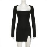 Women Solid Square Neck Long Sleeve Side Slit Hollow Backless Lace Mini Bodycon Dress