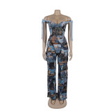 Printed Lace-Up Drawstring Multi-Pocket Two Piece Pants Set