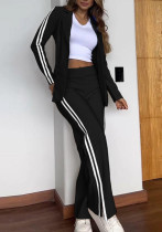 Women Leopard Print Ribbon Patchwork Casual Turndown Collar Blazer and Wide-Leg Pants Two-Piece Set