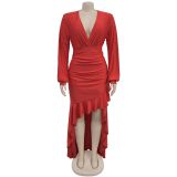 Women Elegant V-neck Slit Long Sleeve Solid Dress