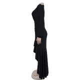 Women Elegant V-neck Slit Long Sleeve Solid Dress