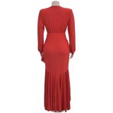 Women Elegant V-neck Slit Long Sleeve Solid Dress