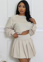Women Casual Long Sleeve Top Pleated Mini Skirt Two-Piece Set