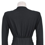 Women Elegant V-neck Slit Long Sleeve Solid Dress