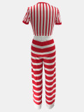 Women Striped Round Neck Crop Top And Wide-Leg Pants Two-Piece Set