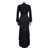 Women Elegant V-neck Slit Long Sleeve Solid Dress