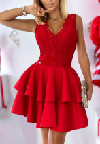 Women Lace Patchwork Cascading Ruffles Dress