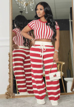Women Striped Round Neck Crop Top And Wide-Leg Pants Two-Piece Set