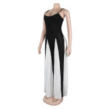 Women Sexy Hollow Wide-leg knitting Suspender Patchwork Contrast Jumpsuit