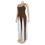 Women Sexy Hollow Wide-leg knitting Suspender Patchwork Contrast Jumpsuit