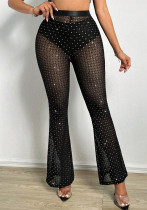 See-Through Rhinestone Mesh Sexy Trousers Women Nightclub High Waist Flared Pants