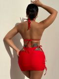 Women Sexy Leopard Print Lace-Up Three-Piece Bikini Swimsuit