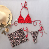 Women Sexy Leopard Print Lace-Up Three-Piece Bikini Swimsuit