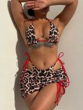 Women Sexy Leopard Print Lace-Up Three-Piece Bikini Swimsuit