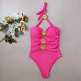 Sexy Hollow One-Piece Women Swimsuit Metal Flower Decoration Halter Neck Bikini