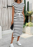 Women Round Neck black and white striped slit Dress