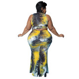 Plus Size Women Summer Sexy Print Sleeveless Crop Top and Skirt Two-piece Set