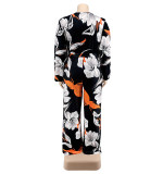 Plus Size Women Spring Bubble Sleeve Print Jumpsuit