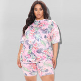 Plus Size Women Summer Print Top and Shorts Two-piece Set