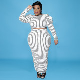 Women Summer Striped Print Bubble Long Sleeve Top and Skirt Two-piece Set