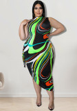 Plus Size Women irregular print Lace-Up Bodycon Dress