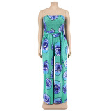 Plus Size Women summer sleeveless rose flower Strapless Jumpsuit
