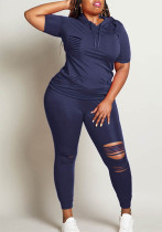 Women Summer Solid Hooded Short-Sleeved Top and Pants Two-Piece Set