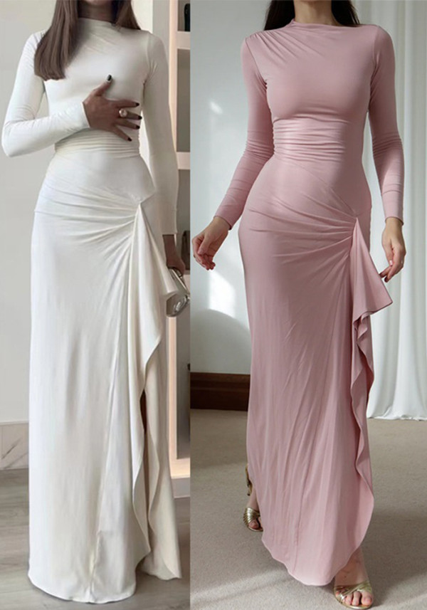 Women elegant Slash Shoulder collar pleated high collar long sleeve irregular slit dress