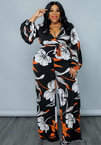 Plus Size Women Spring Bubble Sleeve Print Jumpsuit