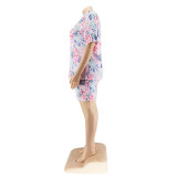 Plus Size Women Summer Print Top and Shorts Two-piece Set