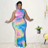 Plus Size Women Summer Sexy Print Sleeveless Crop Top and Skirt Two-piece Set