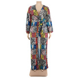 Plus Size Women Print V-neck Long Sleeve Jumpsuit