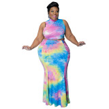 Plus Size Women Summer Sexy Print Sleeveless Crop Top and Skirt Two-piece Set