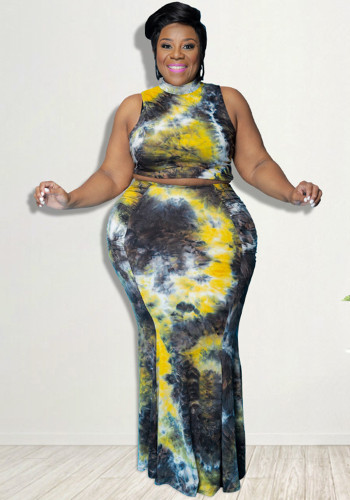 Plus Size Women Summer Sexy Print Sleeveless Crop Top and Skirt Two-piece Set