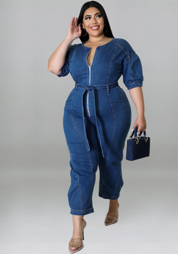 Plus Size Women summer short-sleeved zipper Denim Jumpsuit